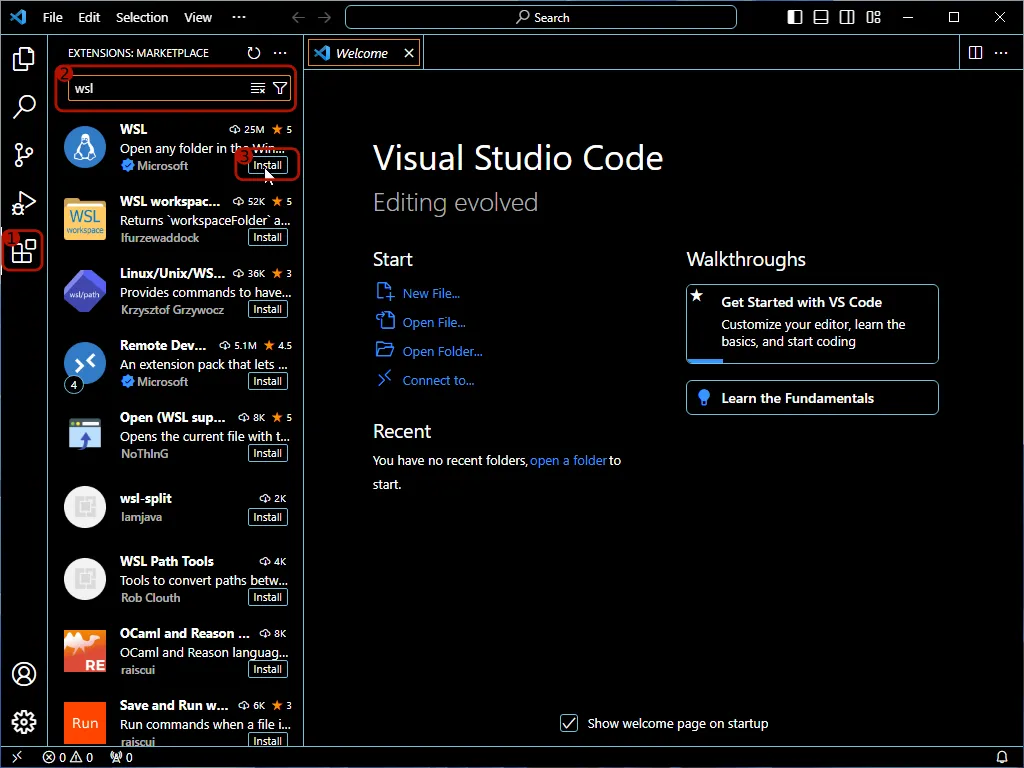 Installation of the WSL extension for VS Code