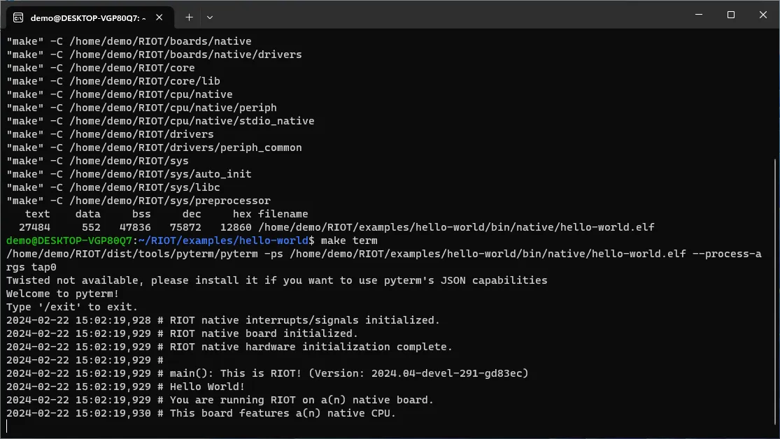 The hello-world app running on the virtual native board
